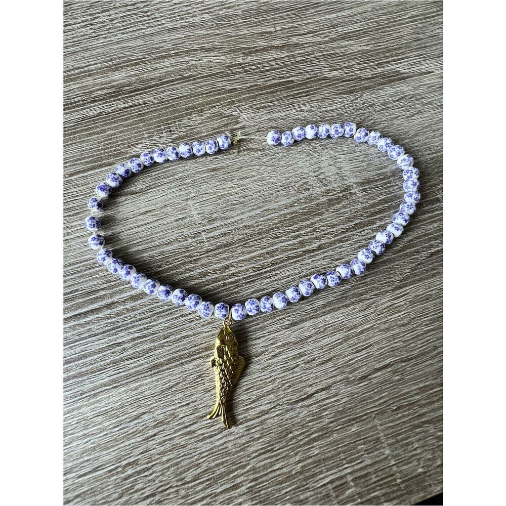 Handmade blue ceramic Beaded choker with Gold Fish Pendant